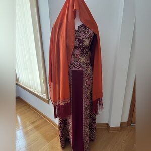 Elegant Maroon and Orange Embroidered Dress